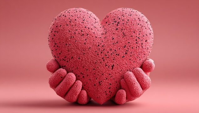 Pink heart held by pink hands on pink background