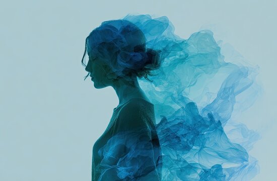 Silhouette of woman, teal-toned smoke-like overlay