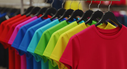 Obraz premium Colorful t-shirts hanging on hangers in retail store display