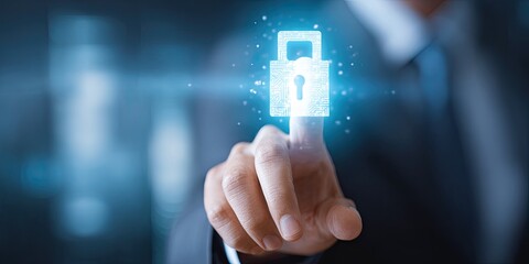 A person's finger pointing at a glowing lock icon, signifying digital security