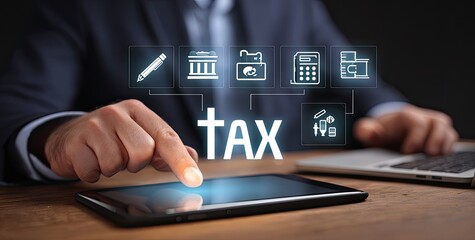 Businessman's hands touch a tablet displaying tax-related icons