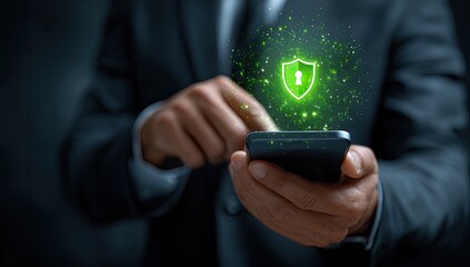 Businessperson holds smartphone, projected green shield icon