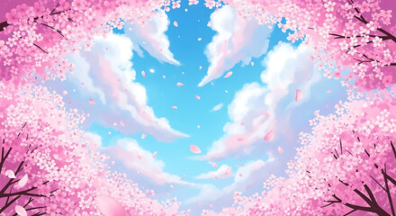 A beautiful anime-style illustration of cherry blossoms in full bloom against a bright blue sky with fluffy clouds.