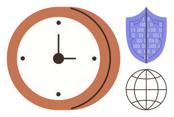 Clock conveying time, shield symbolizing cybersecurity with binary code, and wireframe globe representing global connections. Ideal for time management, cybersecurity, globalization, efficiency