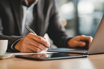 Close-up of a person in a suit writing on a pad, using a pen, while working on a laptop and digital tablet