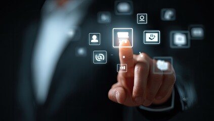 Close-up of a hand touching digital interface with various icons