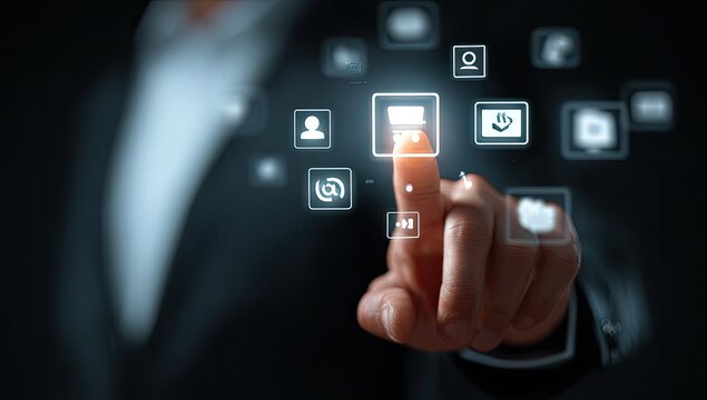 Close-up of a hand touching digital interface with various icons