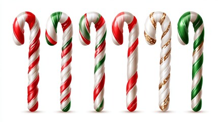 Obraz premium Christmas candy canes set – realistic red, green and white striped peppermint sticks, traditional holiday sweets, vector illustration, isolated on white, festive winter decoration elements for cards