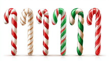 Fototapeta premium Christmas candy canes set – realistic red, green and white striped peppermint sticks, traditional holiday sweets, vector illustration, isolated on white, festive winter decoration elements for cards