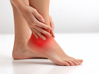 Woman holding her painful ankle with a sprained or injured feeling.