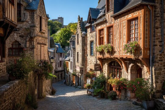 Dinan France. Old Town with Medieval Houses in the Heart of Brittany in France
