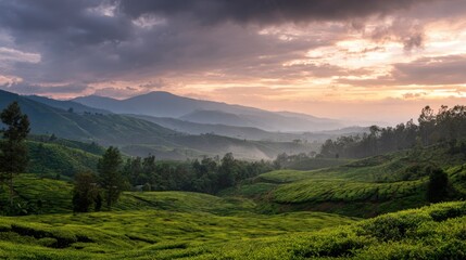 Obraz premium A Green Tea Plantation Under A Misty Sunrise Sky