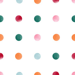 Abstract circles in a multicolor seamless watercolor pattern, hand-painted with a brush, create a textured polka dot effect. This design used for sale banners, posters, labels, or gift wrapping paper