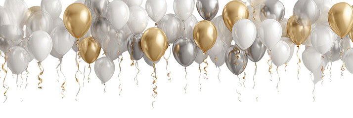 Celebration Balloons in Gold, Silver, and White.  Decorative streamers cascade from a cluster of gold, silver, and white balloons