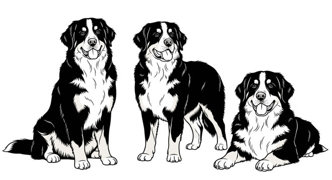Three Bernese Mountain Dogs in cheerful mood sitting and standing in black and white illustration