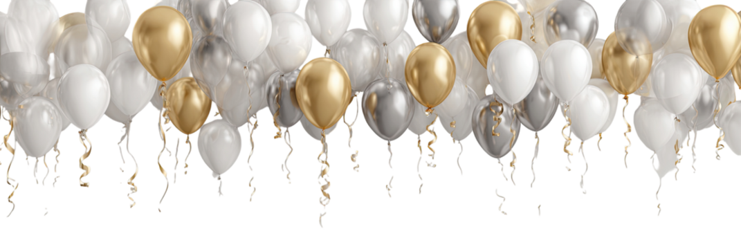 Celebration Balloons in Gold, Silver, and White.  Decorative streamers cascade from a cluster of gold, silver, and white balloons