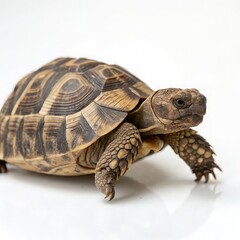 Fototapeta premium A detailed close up of a small terrestrial tortoise with a patterned shell walking on a white background