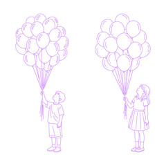 Line art illustration of child holding balloon