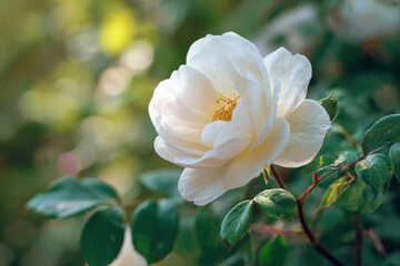 Obraz premium Delicate white rose bloom in soft sunlight.