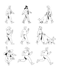 Line art illustration of people walking, running, using phone, and walking dogs