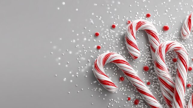 Christmas red and white candy canes background — festive peppermint striped sweets flat lay, cozy winter holiday décor backdrop with copy space for greeting cards, packaging, posters, invitations