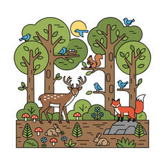 vector illustration of deep forest with bird animals