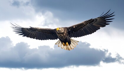 Obraz premium A magnificent bald eagle soars through the blue sky on powerful wings, a symbol of wild freedom