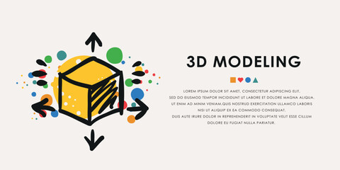 3D modeling doodle icon, banner concept vector design
