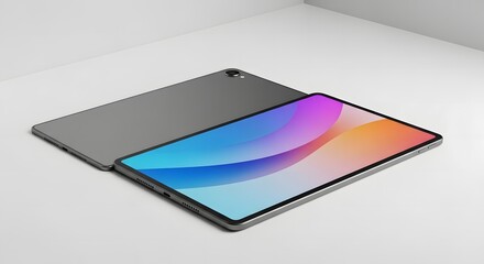 Modern tablet device displaying vibrant abstract color gradient on white background
