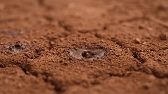 Water Droplet Impacting Dry Earth Creating Puddle.