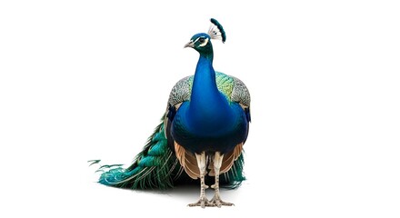 Fototapeta premium Majestic peacock stands proudly displaying its vibrant plumage against a white background