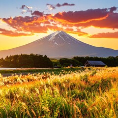Majestic mountain peak, blanketed in snow, rises majestically over a vibrant, golden field during a breathtaking sunset.