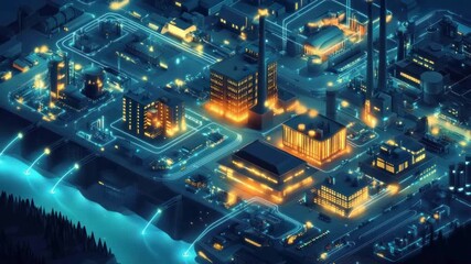 Isometric futuristic cityscape with glowing lines, buildings and river at night, with a dark, stylized forest - Powered by Adobe