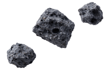 Three dark gray, irregularly shaped rocks against a black background.  Each rock has a rough, pitted surface,  and textures resembling craters and crevices