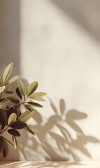 A minimal aesthetic featuring soft d d shadows from delicate green leaves falling onto a neutral textured wall