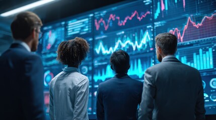 Obraz premium A group of professionals analyzing data trends on large screens in a modern office setting.