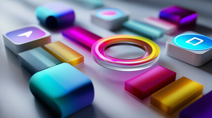 Floating 3D progress bars and app icons arranged in a circular pattern with bright gradients.