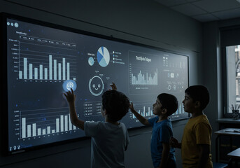 Three young boys interact with a large interactive display showing charts and graphs in a modern classroom setting, one pointing at the screen.
