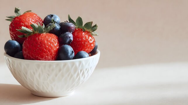 Close up of fresh strawberries and blueberries in a white ceramic bowl highlighting natural colors and textures - Powered by Adobe