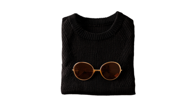 Folded black sweater with round sunglasses