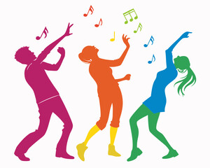 Colorful Dancing Silhouettes with Music Notes – Party Celebration Illustration