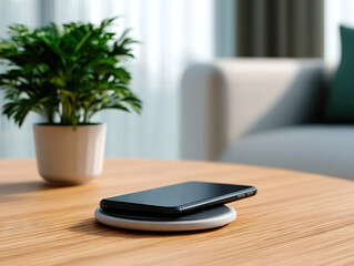 Sleek smartphone rests on modern wireless charging pad on wooden table, with potted plant and sofa in background