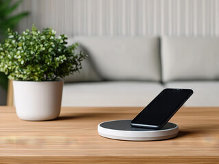 Sleek wireless charging pad with smartphone placed on it, set on wooden table near potted plant in modern living room