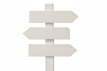 Wooden directional signposts indicating multiple paths, standing blank and ready for custom text, isolated on transparent background