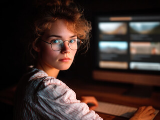 Young woman with glasses working on computer in dimly lit room, focused and engaged in research or creative work