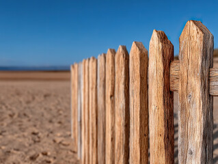 Weathered wooden fence posts in sandy desert landscape under clear blue sky, evoking rustic and serene atmosphere