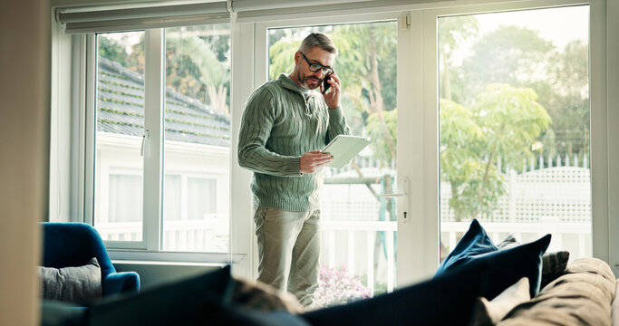 Remote work, phone call and man with tablet in home for listening, chat or insurance policy. Freelancer, mobile and mature broker talking to contact for negotiation, claims update or discussion