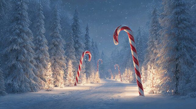 Giant red-and-white candy canes towering in a snowy winter forest — whimsical Christmas peppermint scene with falling snow, evergreen pines, and soft bokeh, magical holiday background with copy space