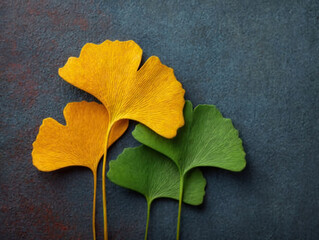 Yellow and green ginkgo leaves on textured dark background, showcasing natural beauty and vibrant contrast