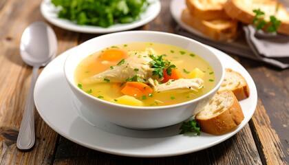 Bowl of chicken soup with toasted bread
